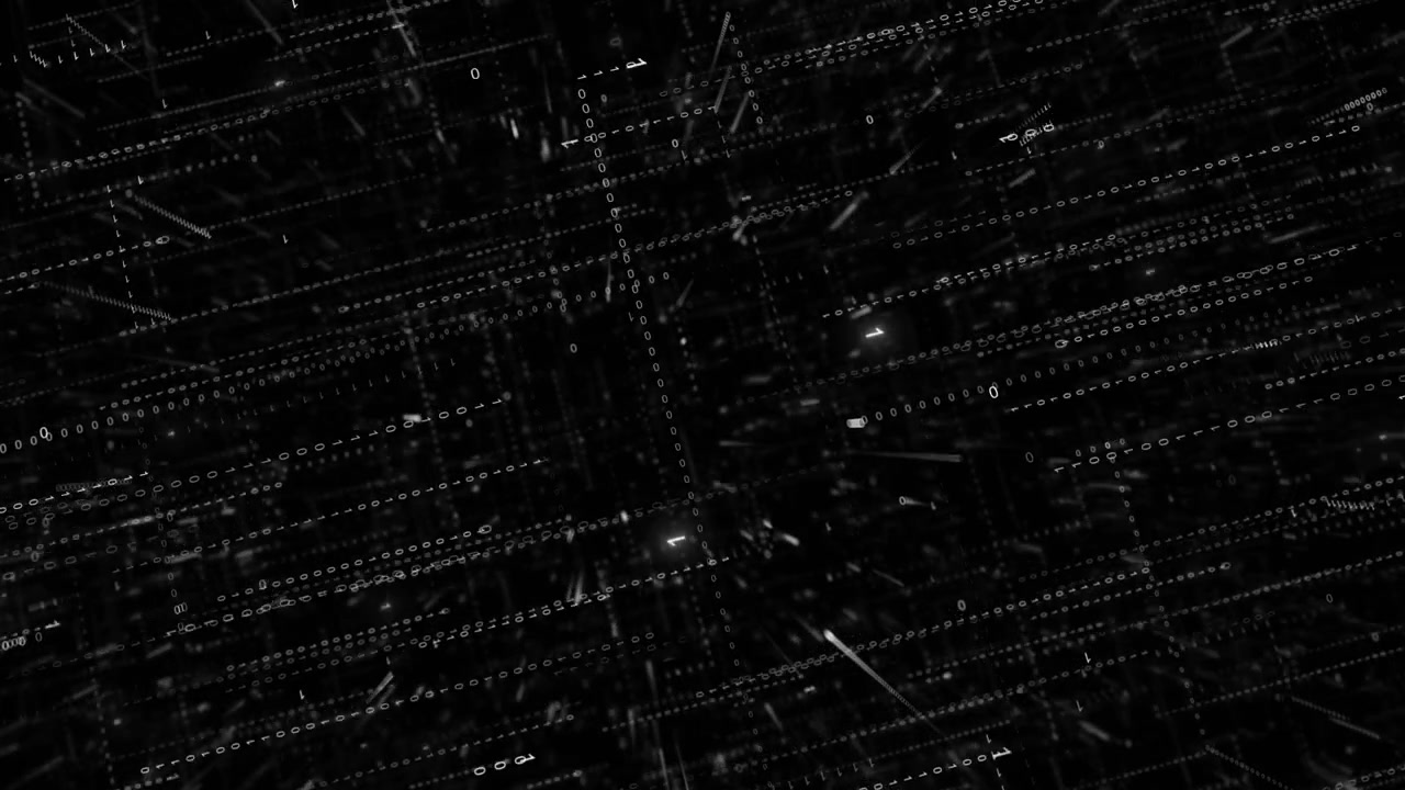 Monochrome code stream tech visual with white symbols dark layered data paths and abstract cyber