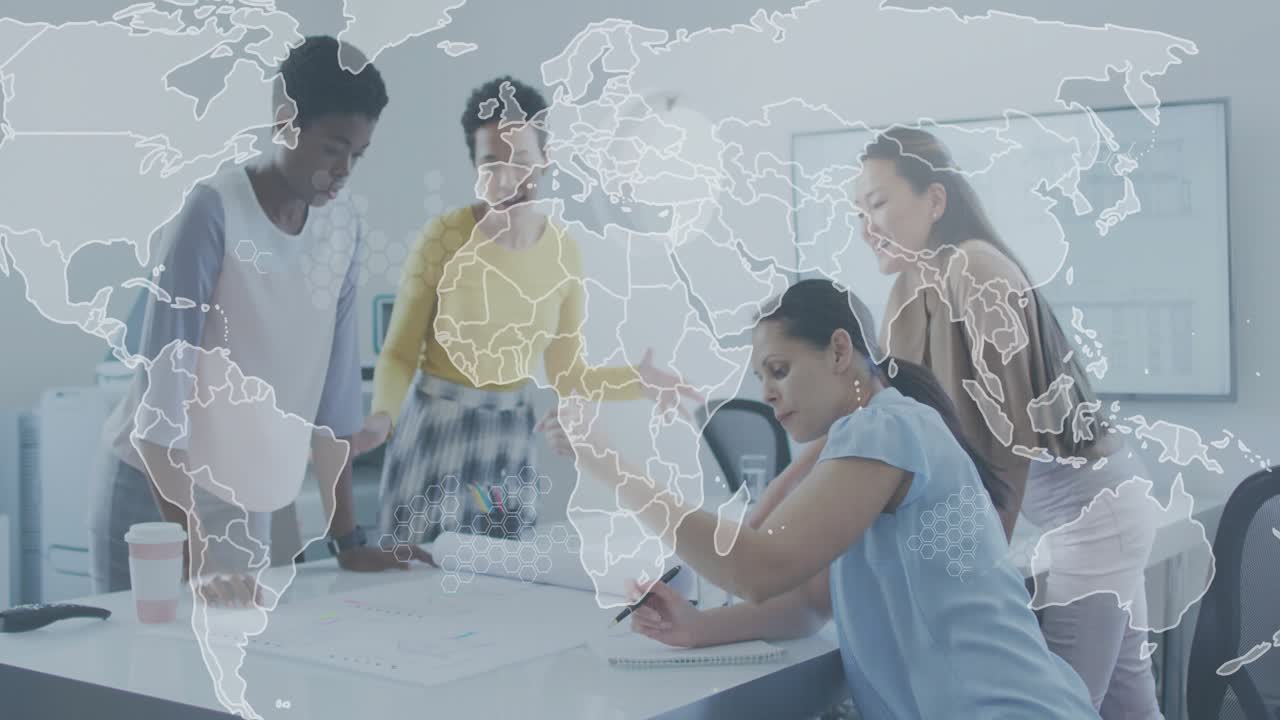 Group of four women leaning over plans, pointing lead starting design review as map overlay rising