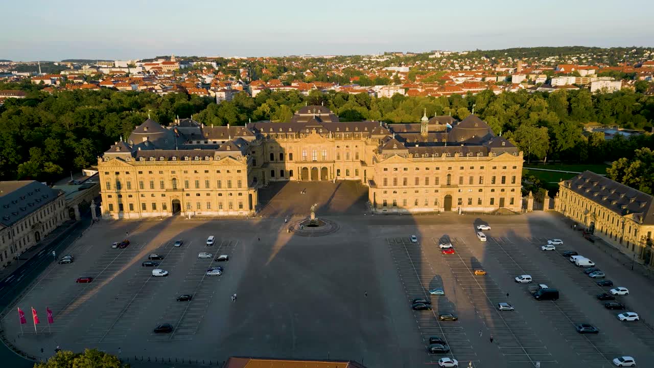 4K Aerial Drone Video of the Franconia Fountain in front of the Historic Residence Palace in Würzburg, Germany