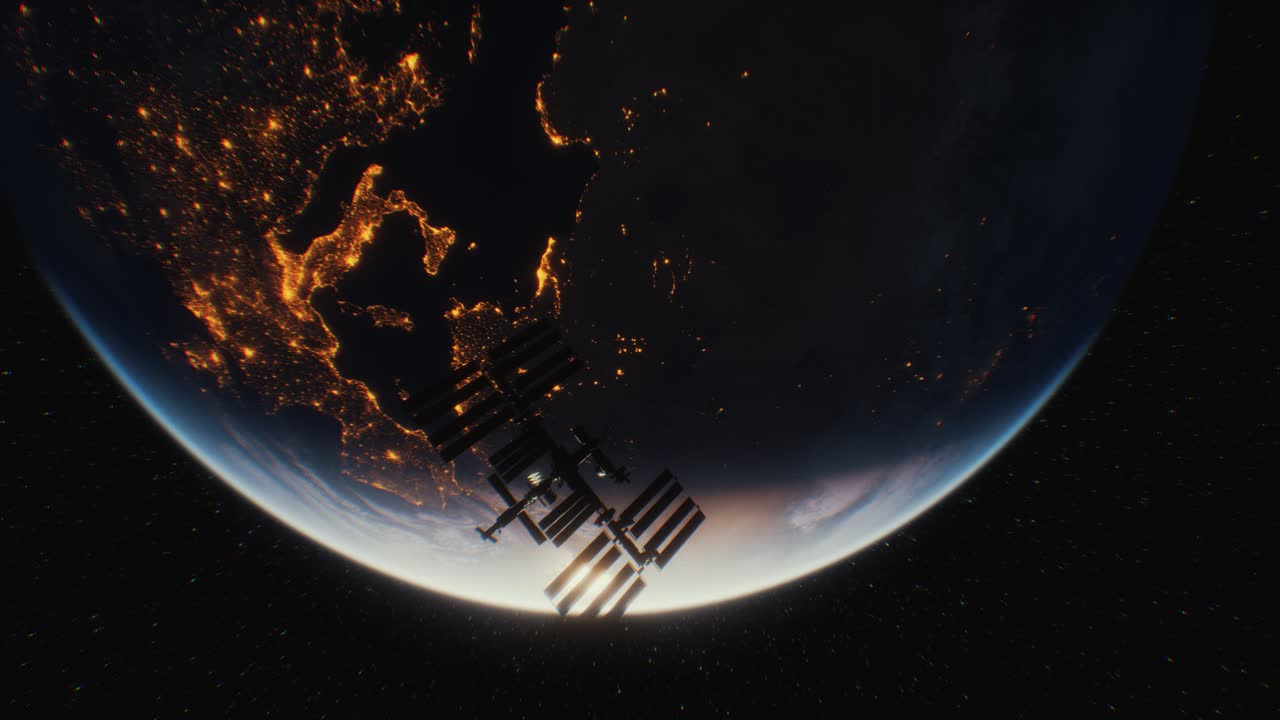 지구  ⁇ 도 위의 우주 공간에 있는 국제 우주 정거장