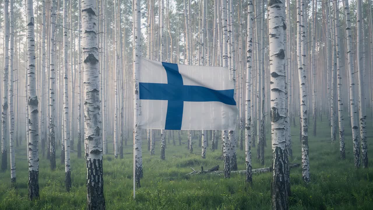 Fluttering white flag with blue Nordic cross, gentle gusts lifting and rippling among birch trunks