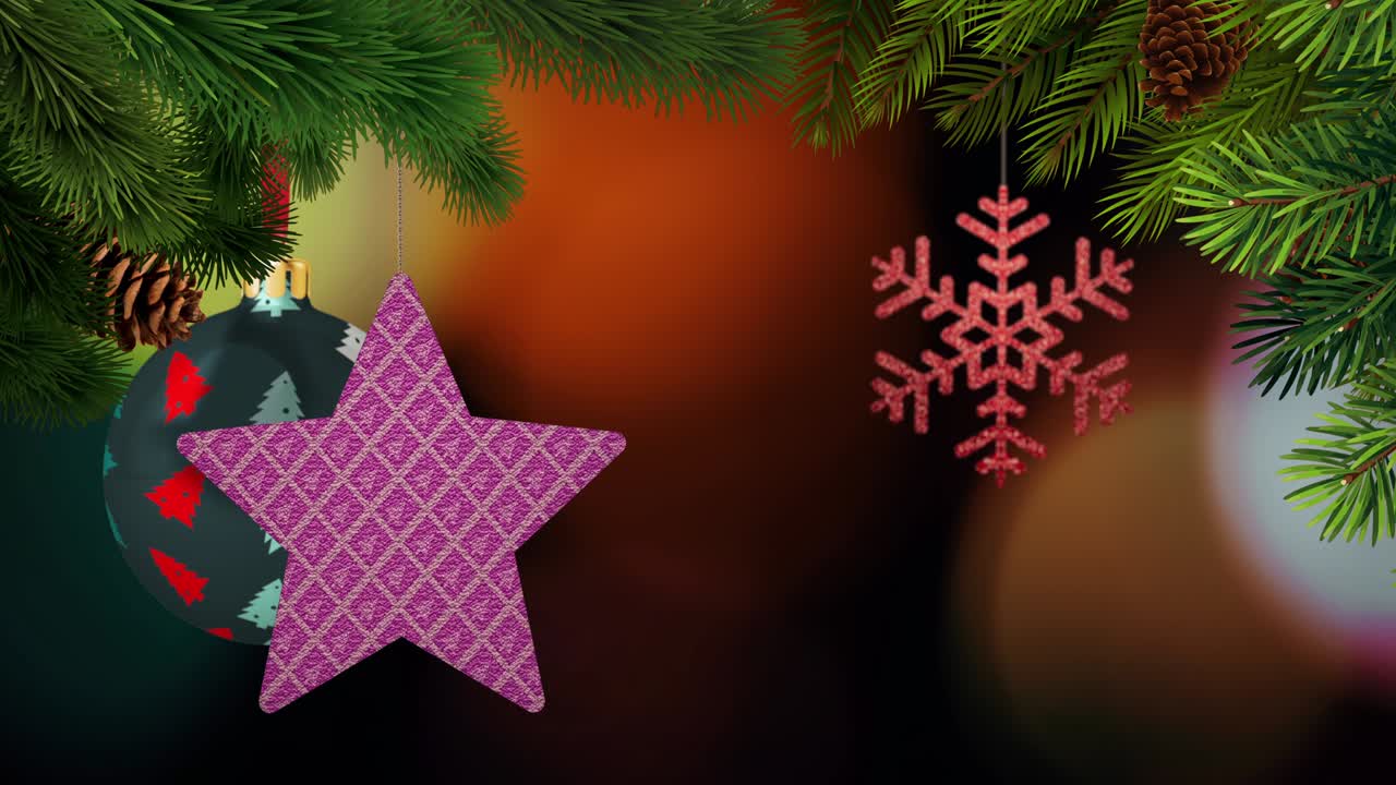 los adornos de navidad y los pinos se balancean en un fondo bokeh en bucle