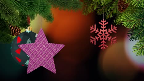 los adornos de navidad y los pinos se balancean en un fondo bokeh en bucle