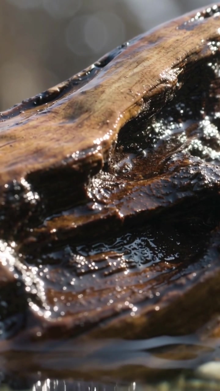 Video verticale: Il sole che si sposta accarezza un tronco alla deriva, rilasciando gocce lungo le venature verso la linea dell'acqua, con effetto bokeh