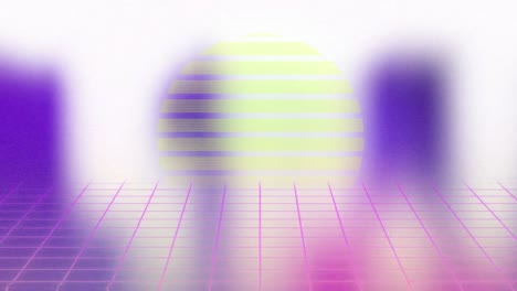 Animation-of-glowing-sun-with-purple-glowing-lights-on-grid