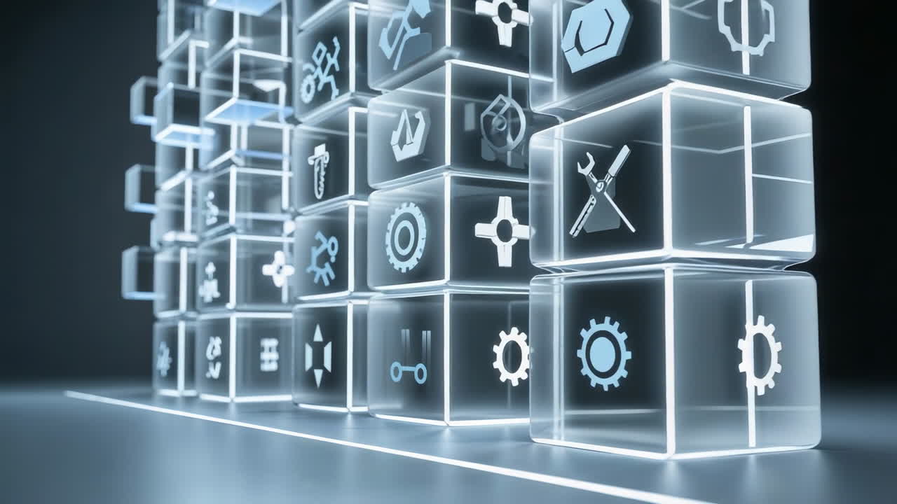 Abstract Grid of Glowing Technology Icons on Translucent Cubes