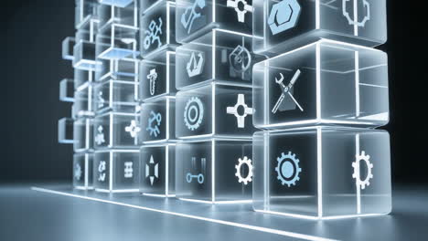 abstract grid of glowing technology icons on translucent cubes