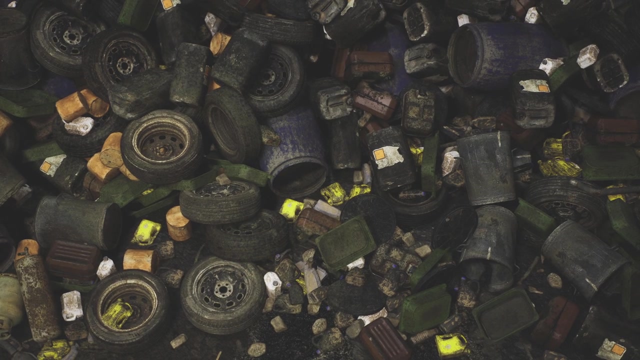 Scene of neglected tires and debris under dim industrial lighting