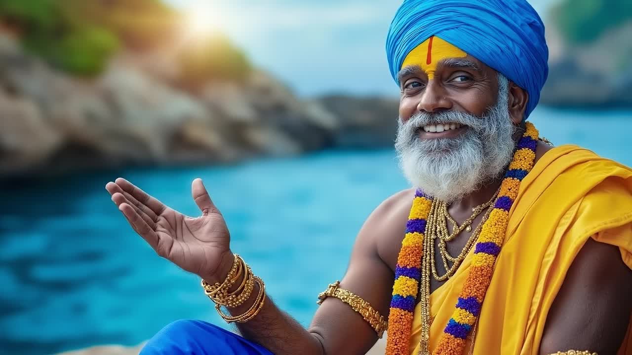 A man in a blue turban sitting on a rock by the water