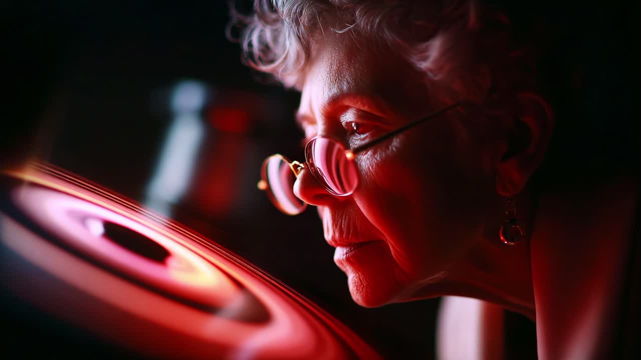 Une personne contemplative examine de près les détails complexes d’un vortex tourbillonnant, illuminé par une lueur rouge éthérée, symbolisant la fusion de la curiosité et de l’émerveillement.