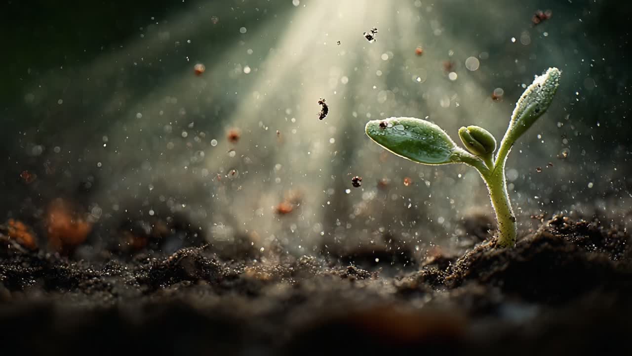 A Determined Seedling Thriving in Sunlight: Capturing the Beauty of Nature's Growth Amidst Soil and Dust Particles in a Serene Environment