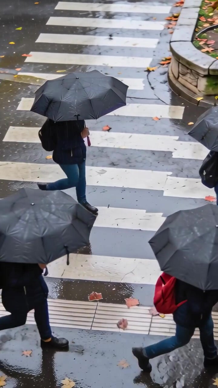 Vertical video: Walking group holding umbrellas crossing zebra at corner, green umbrella visible