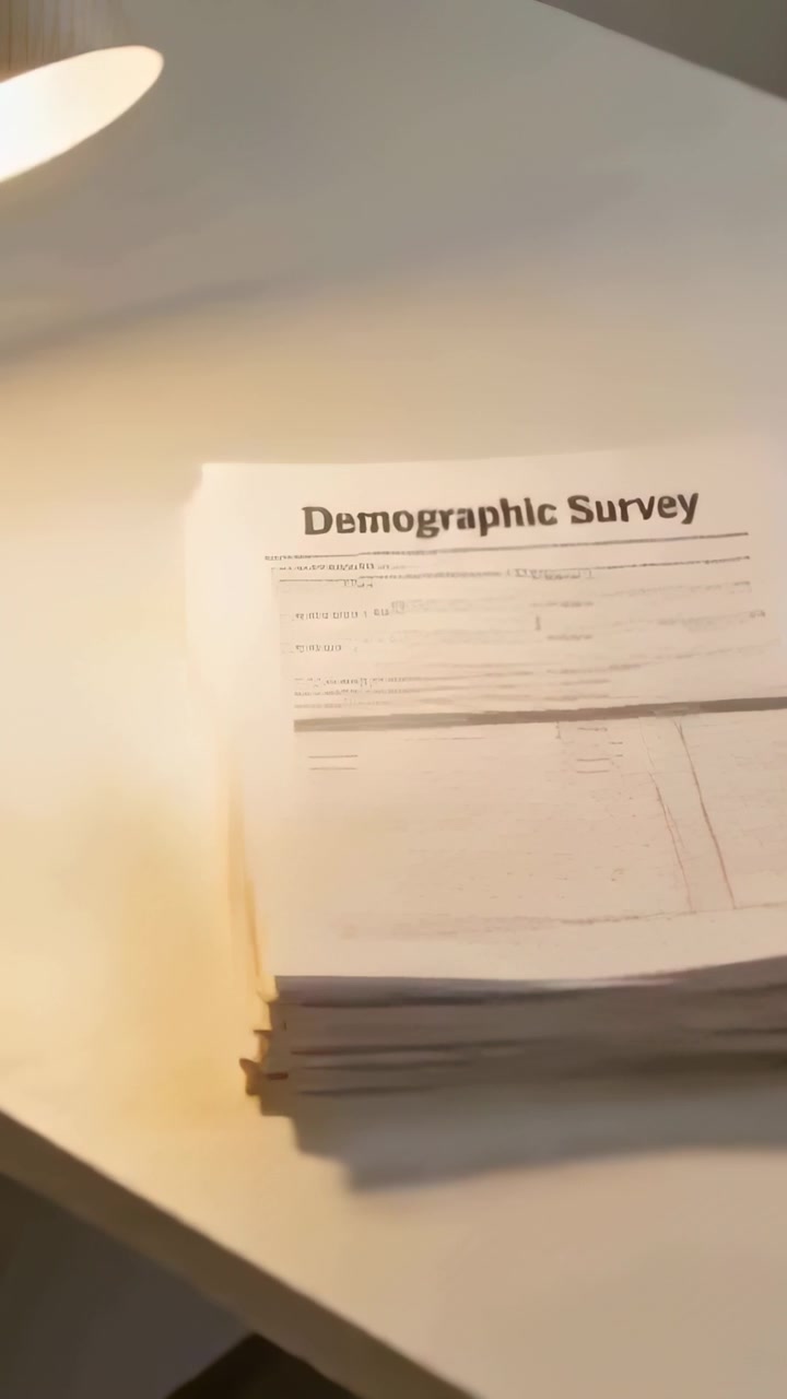 Video verticale: Telecamera che si avvicina a una pila di sondaggi demografici su una scrivania vicino a una lampada, rivelando il titolo.