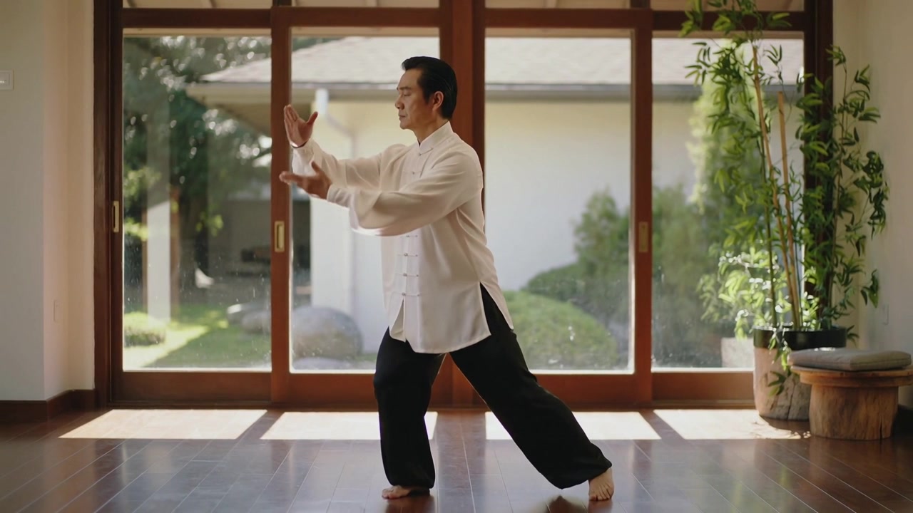 Comenzando, hombre asiático practicando tai chi en una habitación con puertas de cristal, vistiendo túnica y descalzo para concentrarse