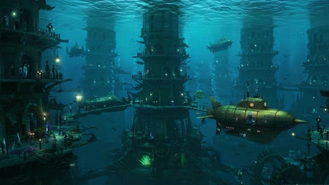 a stunning underwater cityscape featuring towering structures, an illuminated submarine, and vibrant marine life amidst deep blue waters