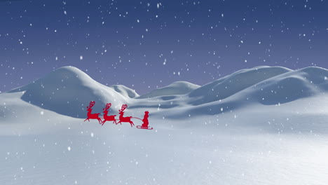 animation of santa claus in sleigh with reindeer over snow falling on winter landscape