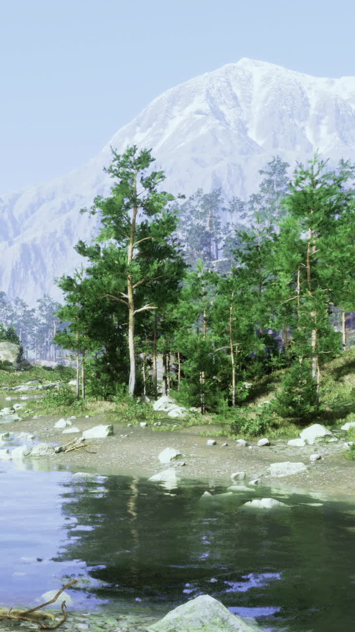 दिन के समय जल निकाय के पास पेड़ों और पहाड़ों वाला परिदृश्य