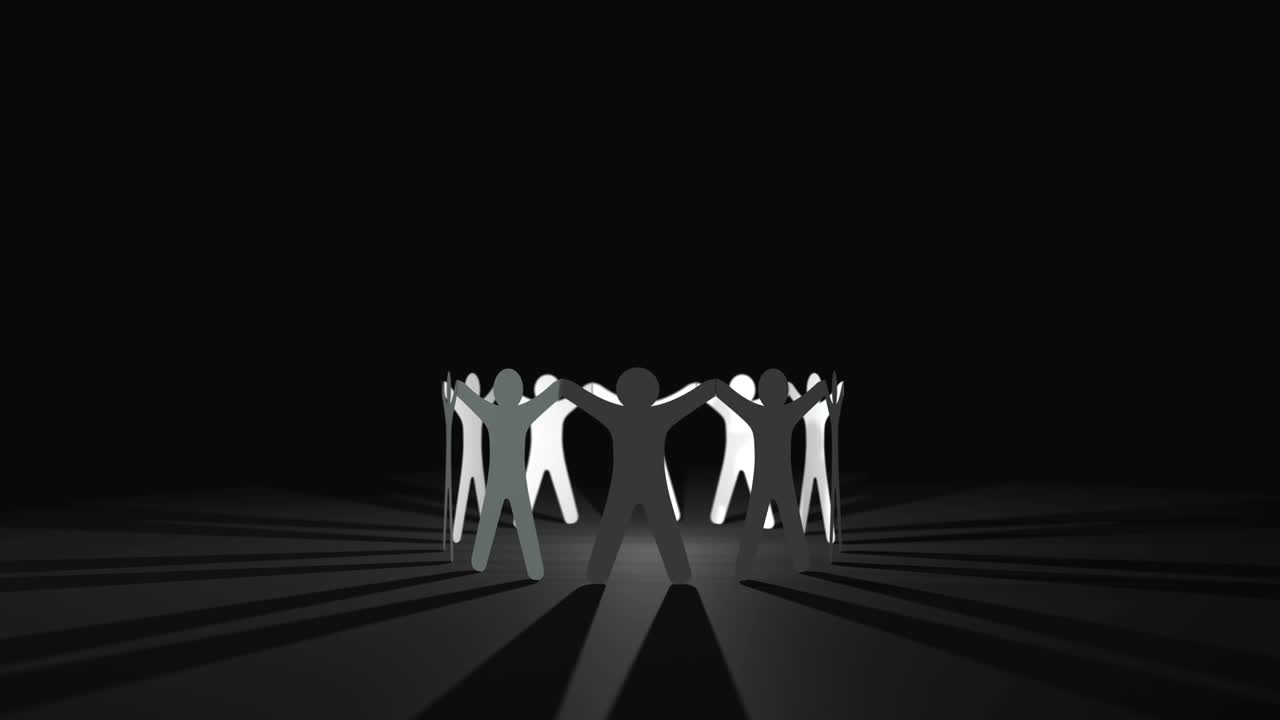 concepto de trabajo en equipo. muñeca de papel humana personas cortadas girando en círculo con sombras reflejo en el suelo gris, fondo de bucle