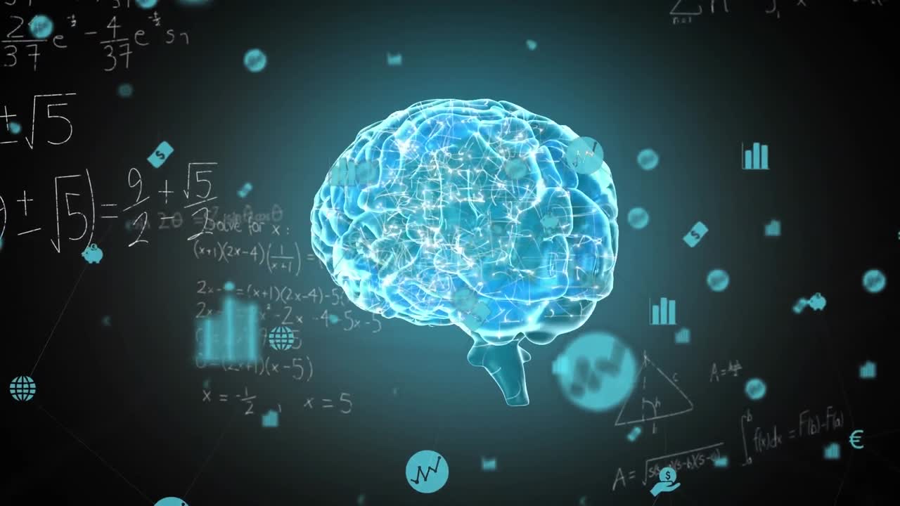 Animation of network of digital icons and mathematical equations over spinning human brain icon