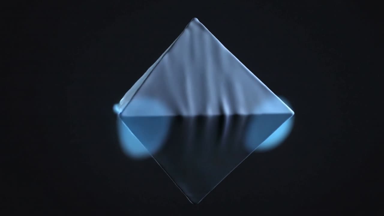 Diamond octahedron rotating to blue orb rising in black, halos growing, creases rippling for tech