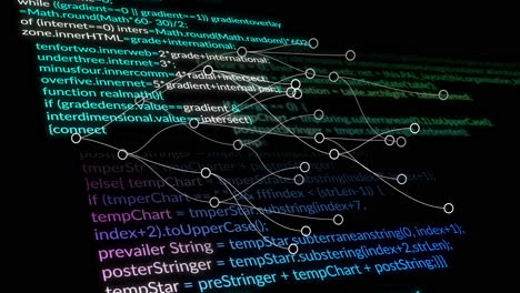 animation of flowchart overlaying colorful programming code on dark background