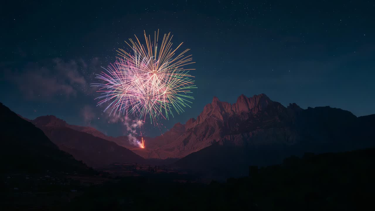 Launching shells from valley at night, fanning pink green bursts across mountain peaks with smoke