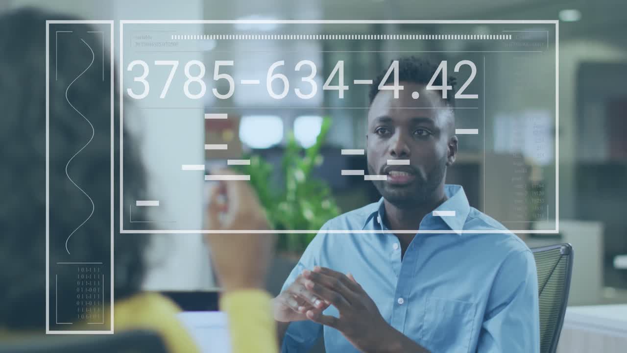 Animation of financial data processing over diverse business people in office
