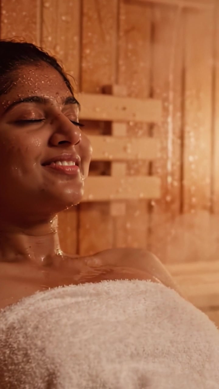 Relax e serenità in una sauna: una fuga tranquilla con una donna che si gode il calore lenitivo e il vapore rinfrescante per il massimo benessere.