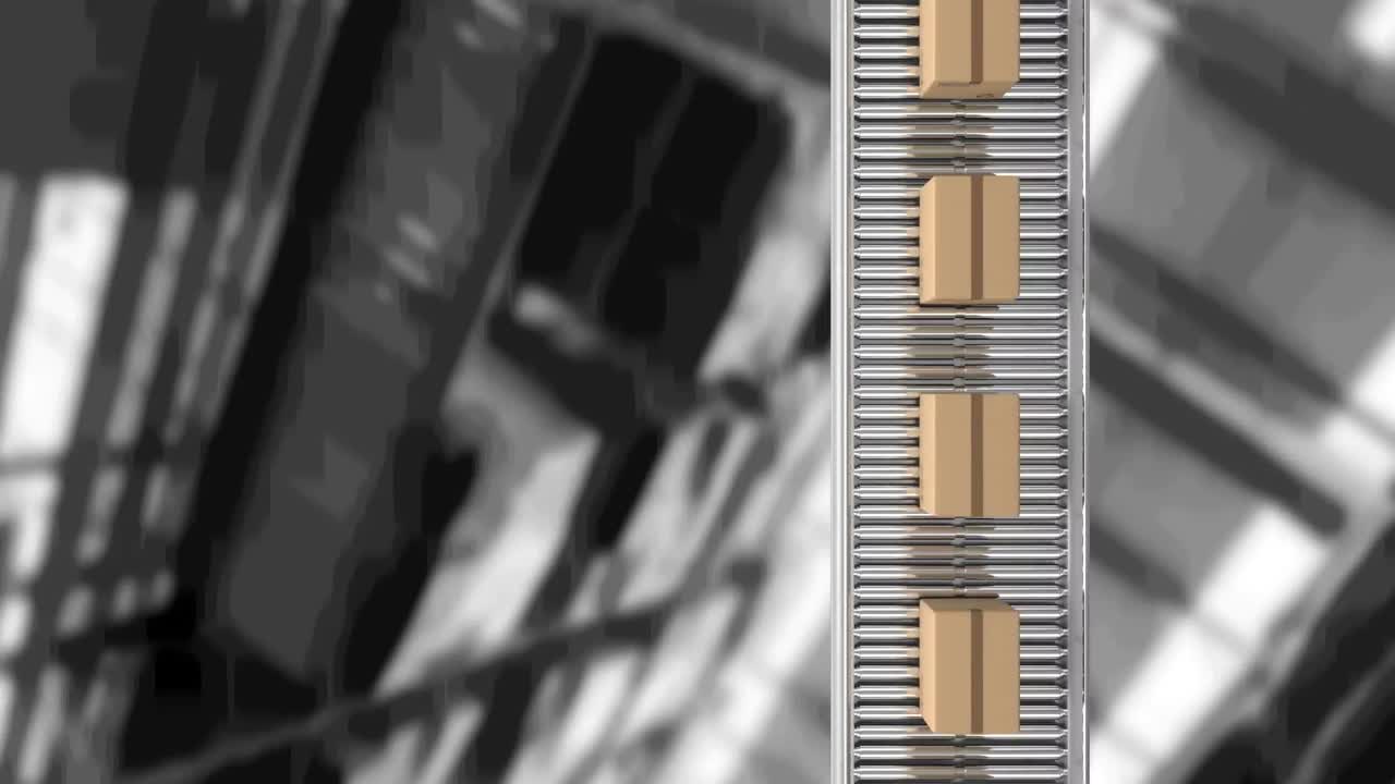 창고 위에서 컨베이어 벨트에 움직이는 카드보드 상자의 애니메이션