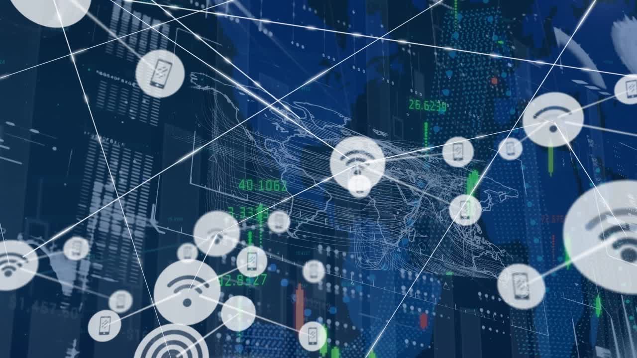 Animation of wireless network icons connecting with lines against world map