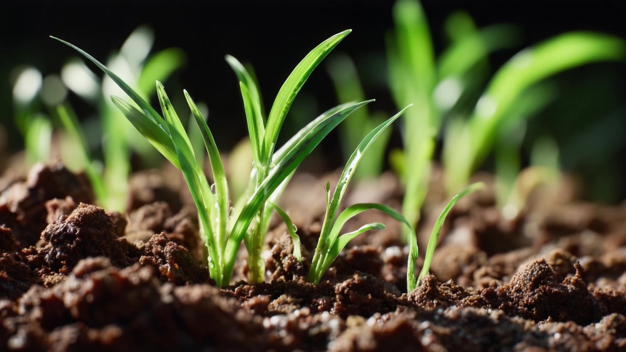 Erba Verde Appena Germogliata che Emerge da un Ricco Terreno Scuro in Primo Piano, Mostrando la Crescita della Natura e la Bellezza della Vita che Spunta dalla Terra con Gocce di Rugiada