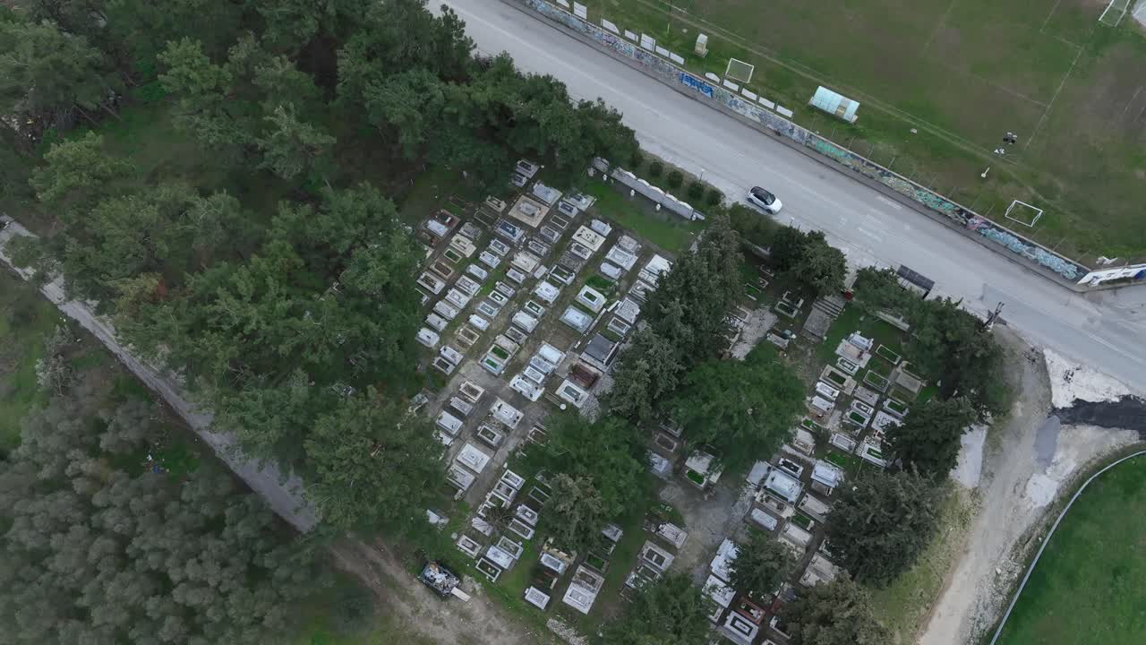 Orbit over tombstones of an old abandoned cemetery.
