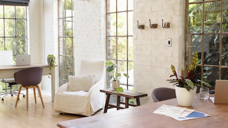 Accogliente home office con laptop, piante e luce naturale che filtra dalle finestre.