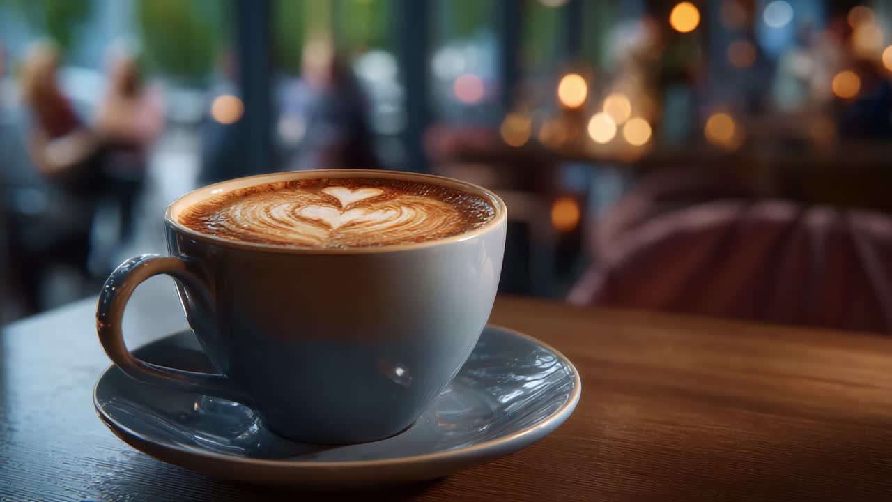 Eine wunderschöne Tasse Latte Art, aufgenommen in einem gemütlichen Café mit warmer Atmosphäre und sanfter Beleuchtung, perfekt für Kaffeeliebhaber und ästhetischen Genuss