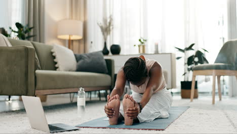 yoga, laptop or black woman stretching legs