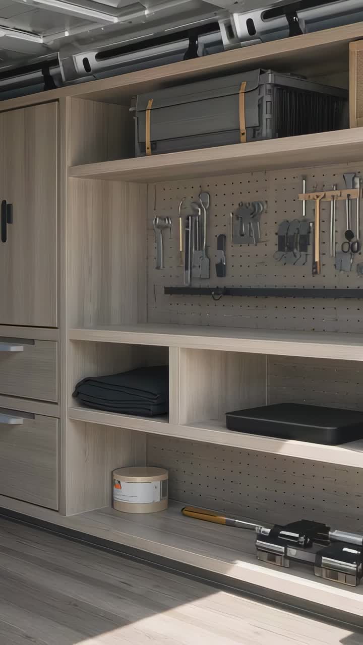 Vertical video: Camera drifting across van shelving, showing pegboard tools, hard case, tape, clamp