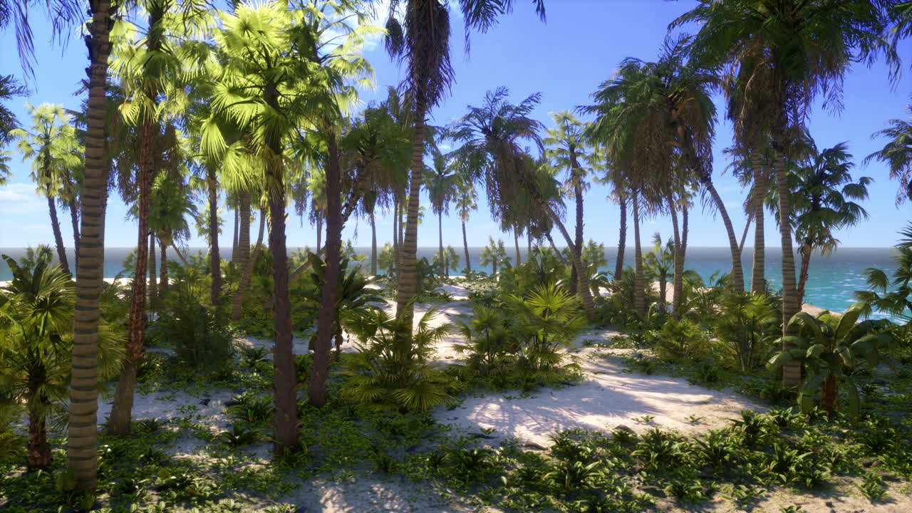 Paesaggio paradisiaco di spiaggia tropicale con onde oceaniche calme e palme