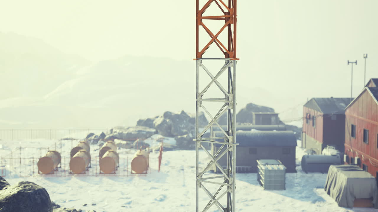 Snow covered landscape with a tall tower and industrial buildings at dawn