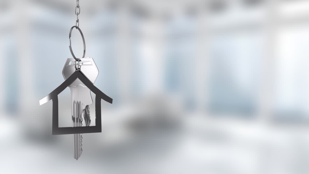 House-shaped keychain and keys animation over blurred office background