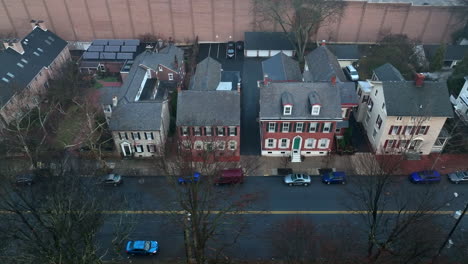 Aerial-truck-shot-of-restored-colonial-homes-in-America