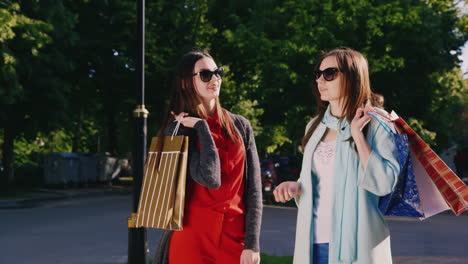 Steadicam-Disparó-A-Dos-Mujeres-Jóvenes-Con-Bolsas-De-Compras-Hablando-En-La-Calle-Sonriendo