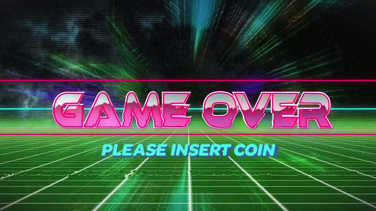Animation von Game-Over-Text über Neonmuster auf dunklem Hintergrund