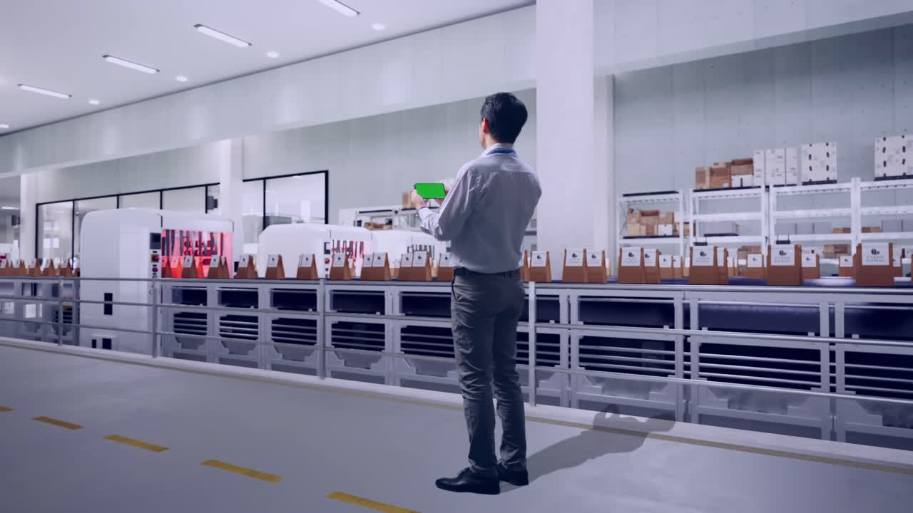 Full Body Back View Of An Asian Male Professional Worker Standing With Green Screen Smartphone With Conveyor for Packaging Coffee Beans in Bags at Coffee Factory, Industrial Facility