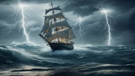 stormy seas and a sailing ship navigating through turbulent waters at night with lightning illuminating the sky