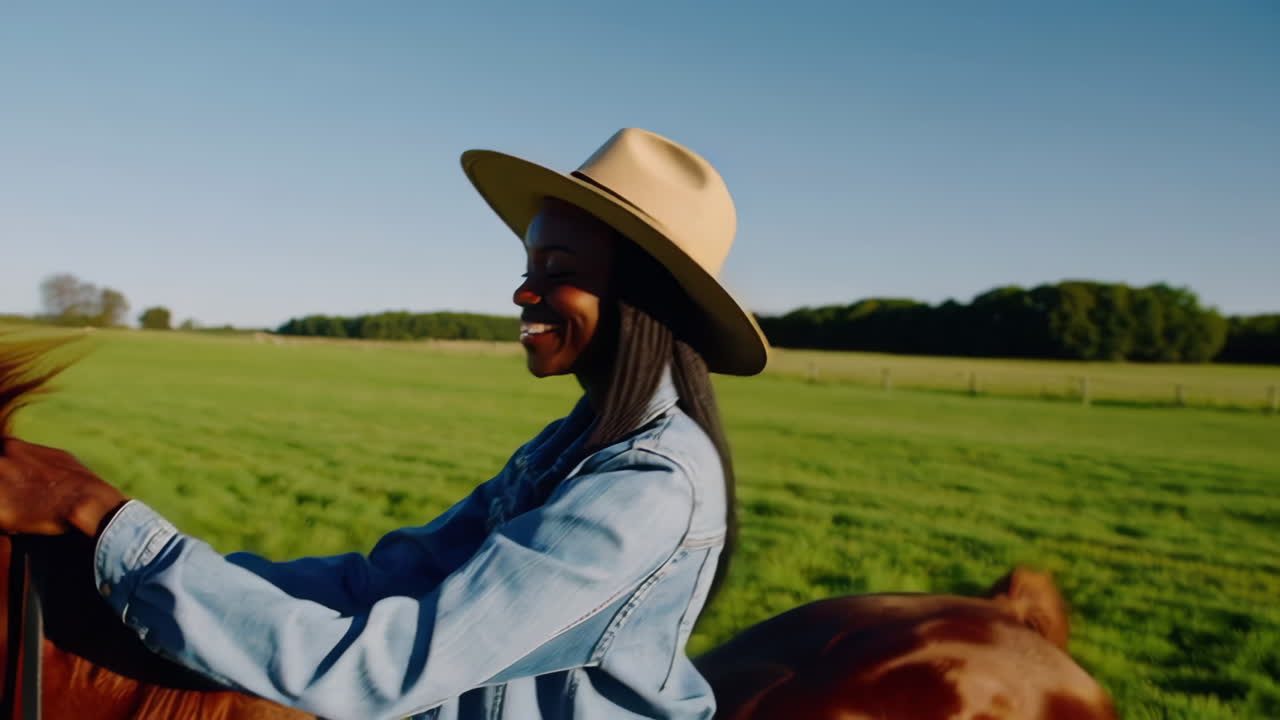 A smiling woman interacts with a horse in a sunny field