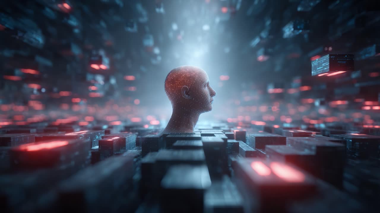 A Futuristic Exploration of Digital Consciousness: A Highly Detailed 3D Render Featuring a Semitransparent Head Surrounded by Illuminated Blocks of Data in an Abstract Cybernetic Environment