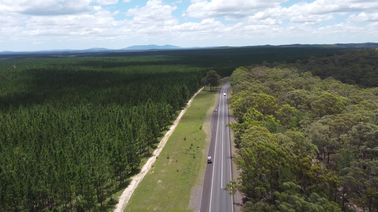 volando sobre la carretera y mostrando dos tipos de vegetación diferentes a cada lado