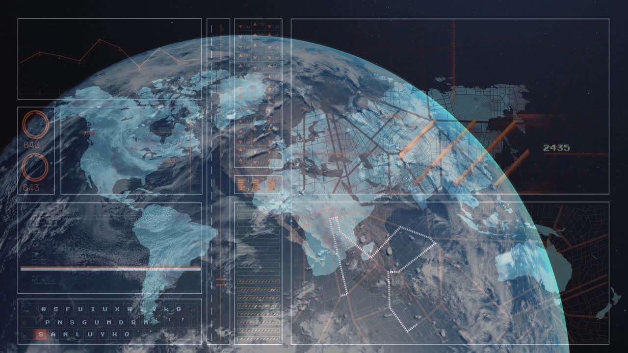Animation of data processing on digital screen over globe