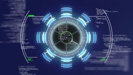 animation of circular scope scanning with information moving behind on dark background
