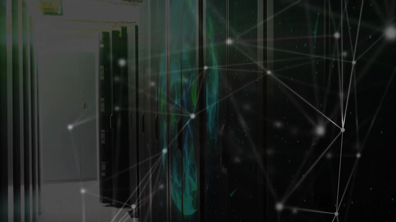 Network materializing on server racks, rotating globe intensifying, visualizing data connectivity
